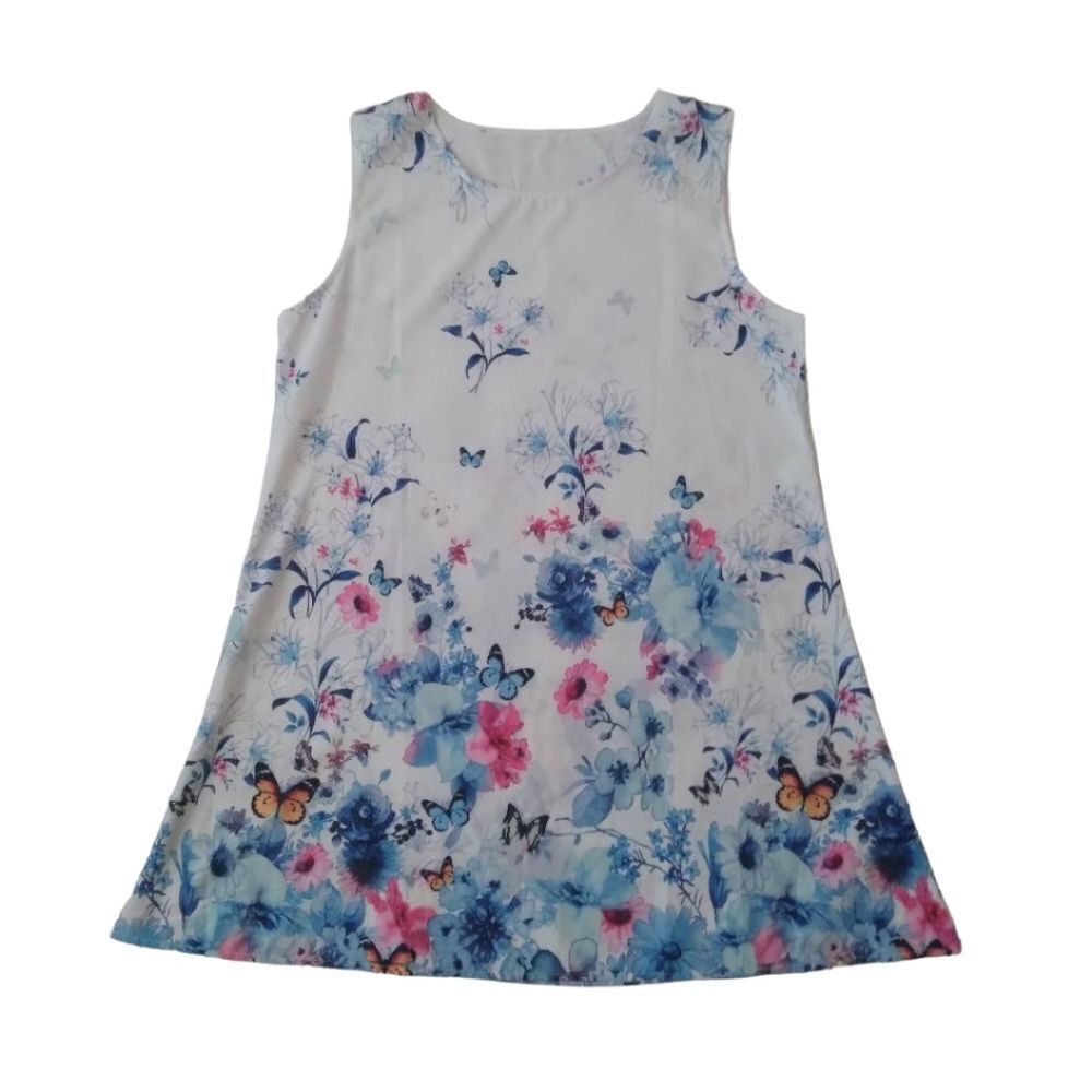 Women's Light Blue Flowers & Butterflies Print Trapezoid Mini Dress Size Medium